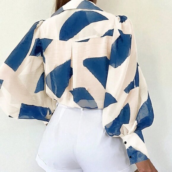 Blue Casual Women's Long Sleeve Allover Print Blouse Shirt - Picture 2 of 4